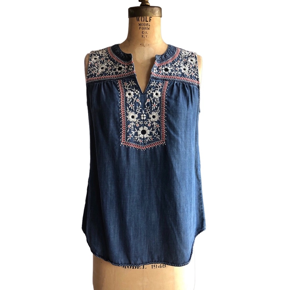 Talbots Indigo Denim Embroidered Tank Top, Size Medium